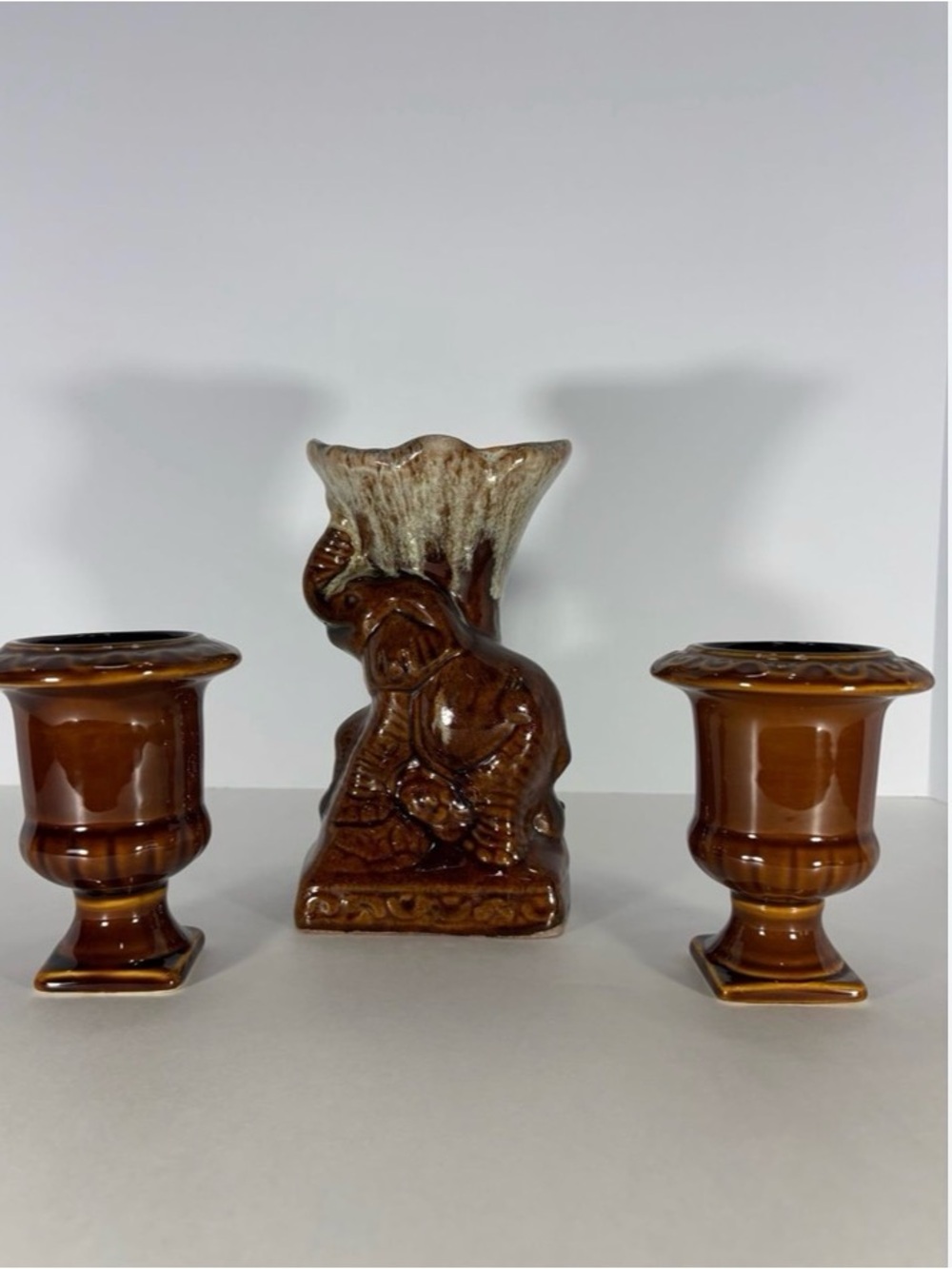 Brown Ceramic Elephant Vase with Matching Urns - Home Accents